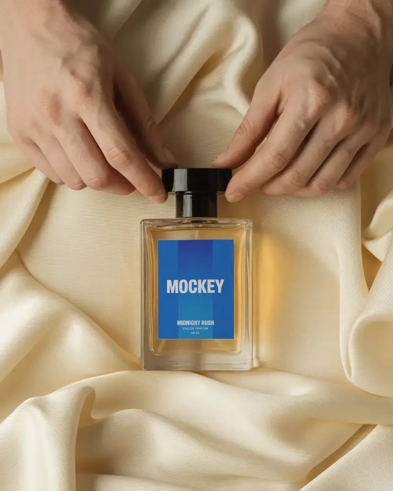 Luxury Perfume Bottle Mockup Held By Hands On Cream Satin Fabric Soft Luxury Studio Display