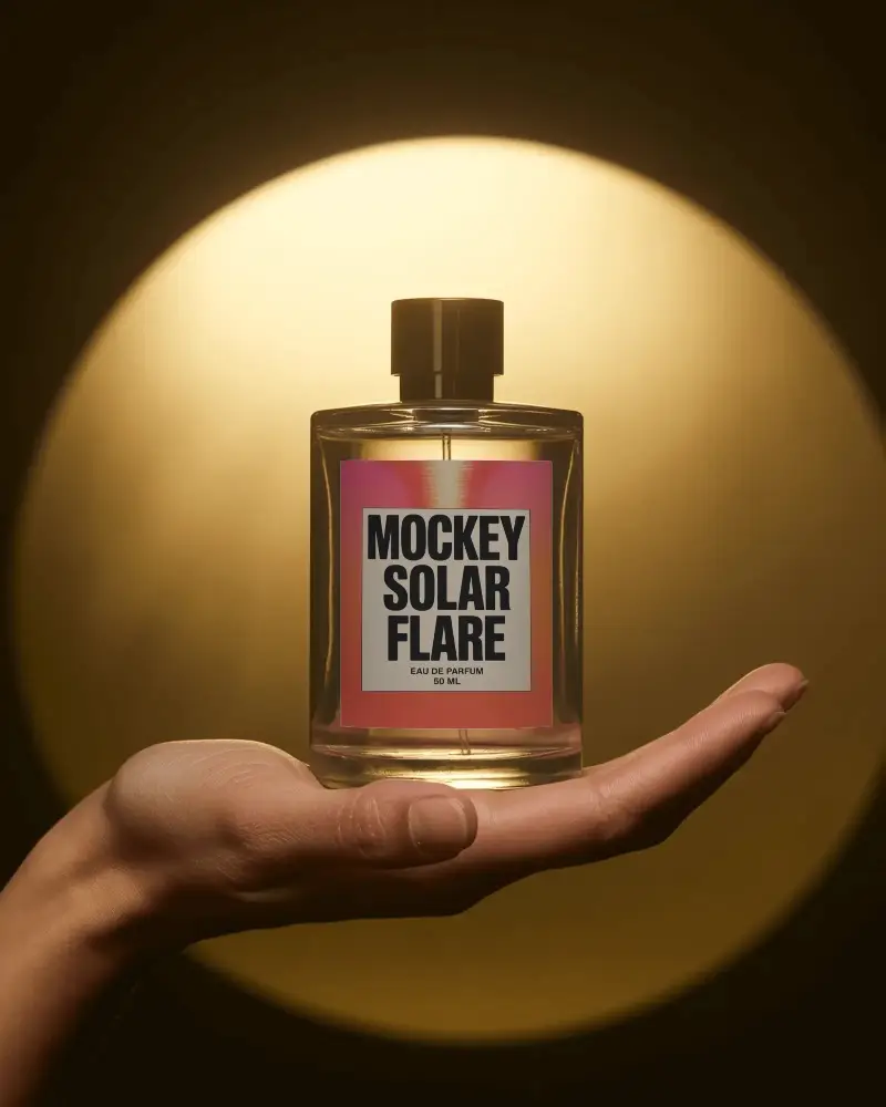 Luxury Perfume Bottle Mockup On Hand With Golden Spotlight Background Premium Studio Display