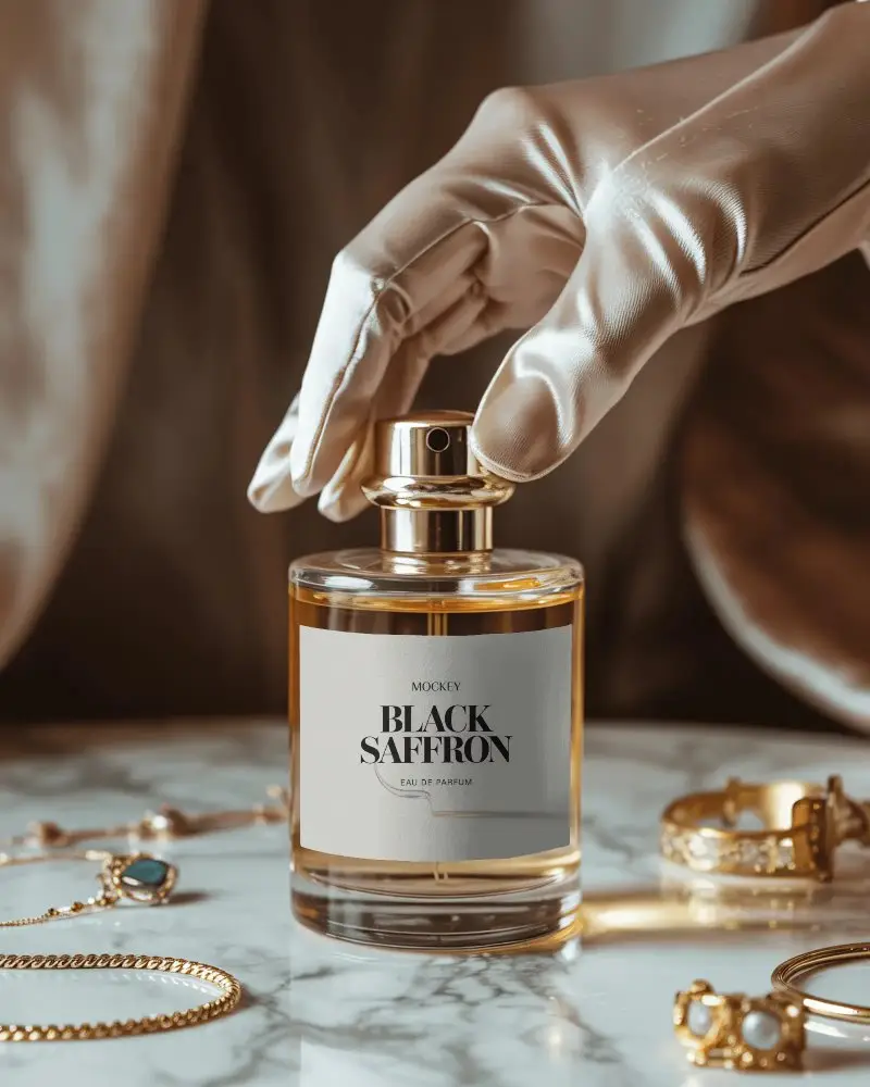 Luxury Perfume Bottle Mockup With Satin Gloved Hand And Golden Jewelry On Marble Surface Premium