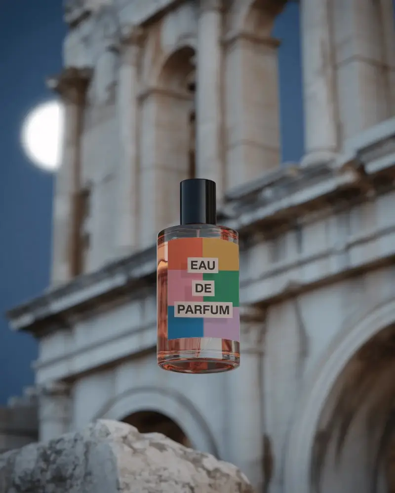 Luxury Perfume Bottle Mockup Floating Before Ancient Architecture With Full Moon Night Backdrop
