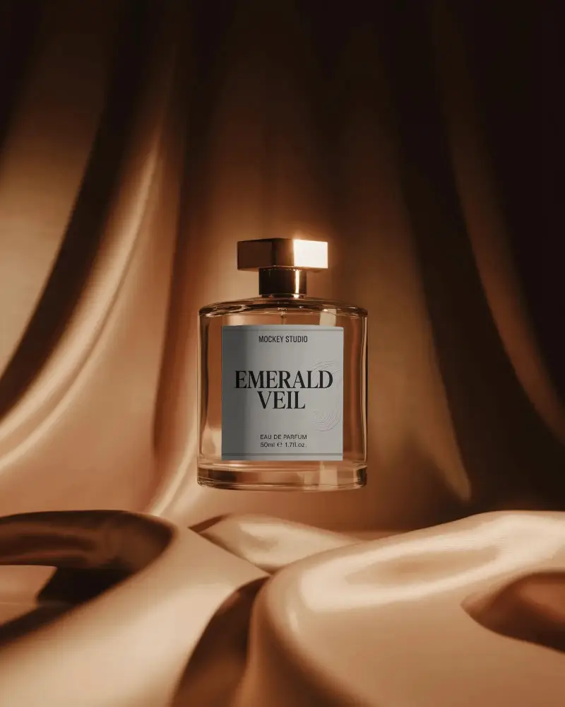 Luxury Perfume Bottle Mockup Floating Against Golden Satin Drapes Luxury Studio Lighting Display