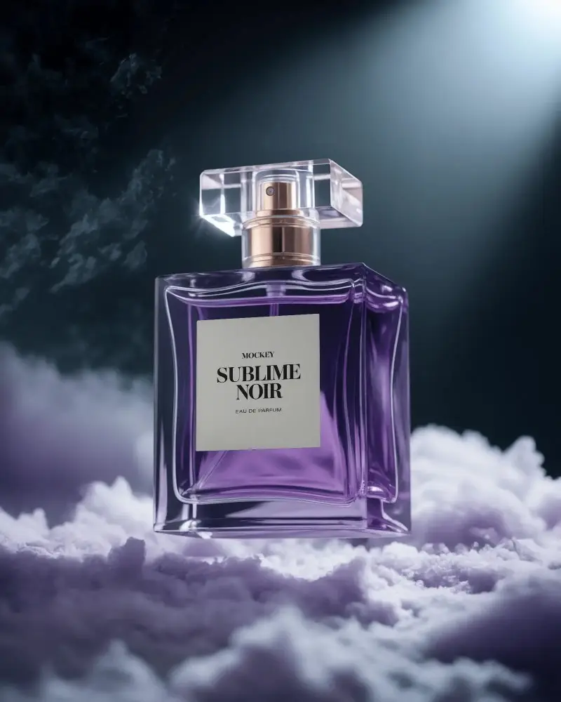 Luxury Perfume Bottle Mockup Purple Glass Design On Clouds With Spotlight Dramatic Studio Display