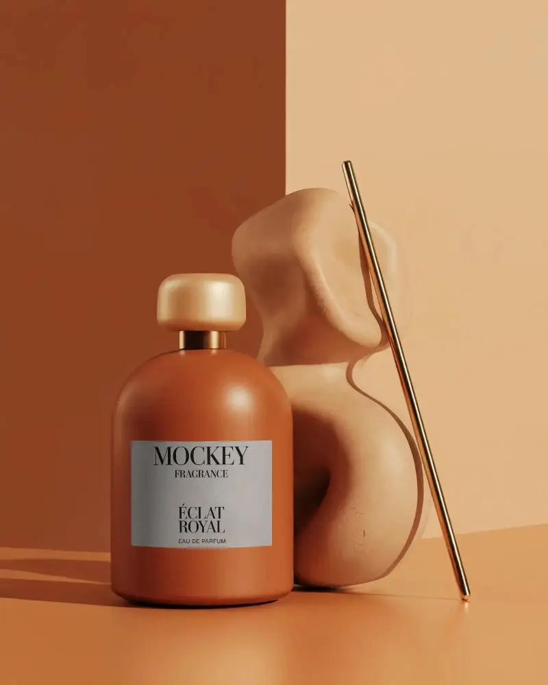 Earthy Toned Perfume Bottle Mockup With Minimalist Abstract Sculpture For Luxury Brand