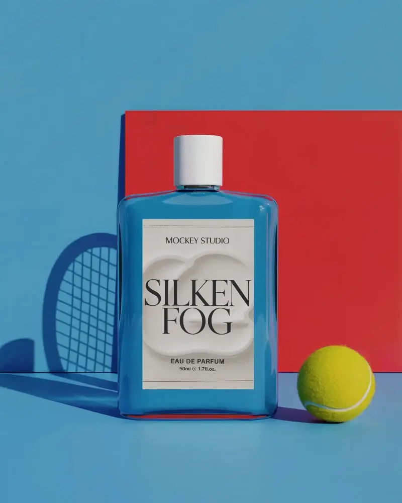 Sleek Modern Perfume Bottle Mockup With Minimalistic Label Tennis Theme Background
