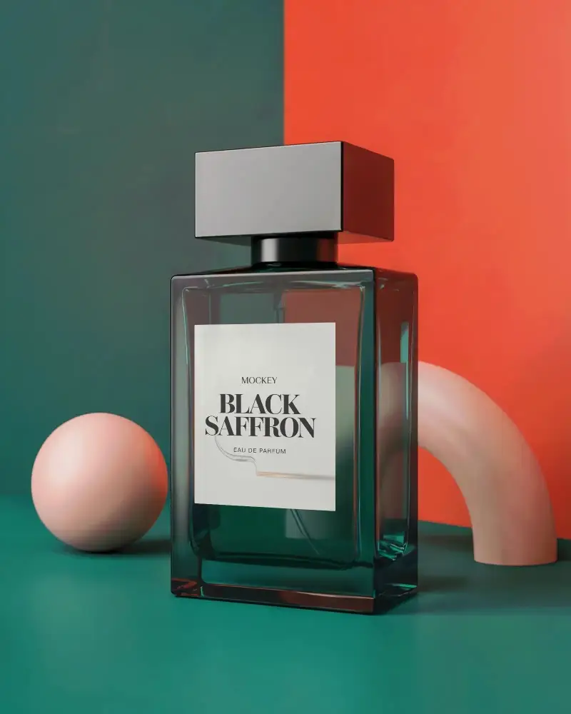 Premium Rectangular Glass Perfume Bottle Mockup With Modern Geometric Decor For Luxury Fragrance