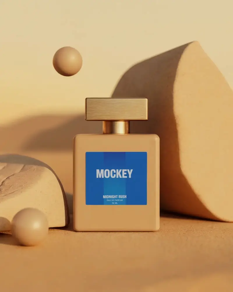 Elegant Square Perfume Bottle Mockup Container With Simple Label And Smooth Organic Decor Around