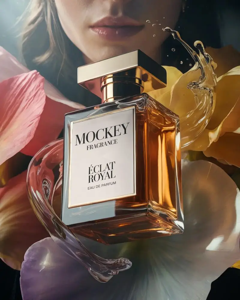 Luxury Perfume Bottle Mockup Floating Among Floral Elements And Liquid Splash Design