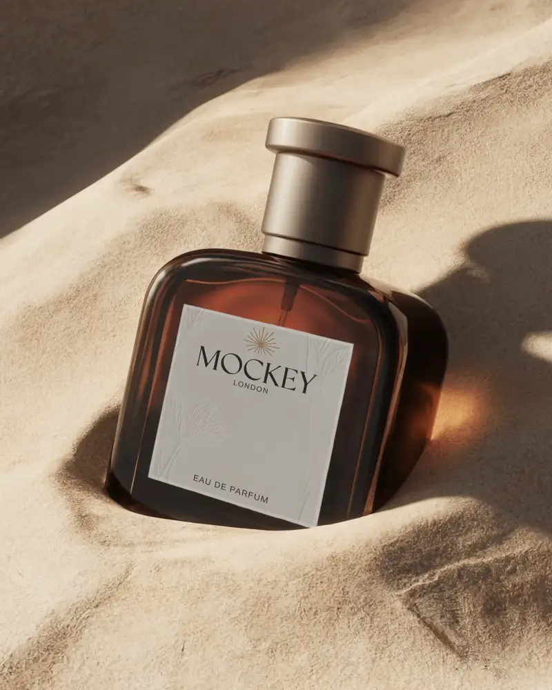 Elegant Luxury Perfume Bottle Mockup Sandy Texture Background Perfect For Branding