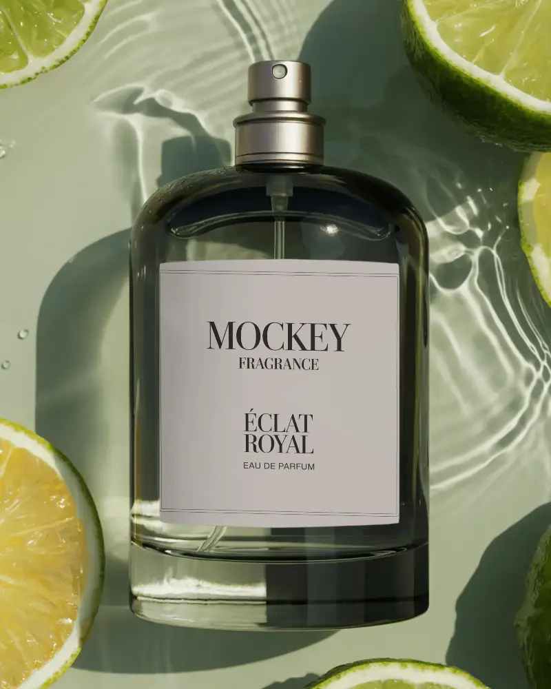 Elegant Perfume Mockup In Glass Container Surrounded By Fresh Citrus Fruits And Water Reflections