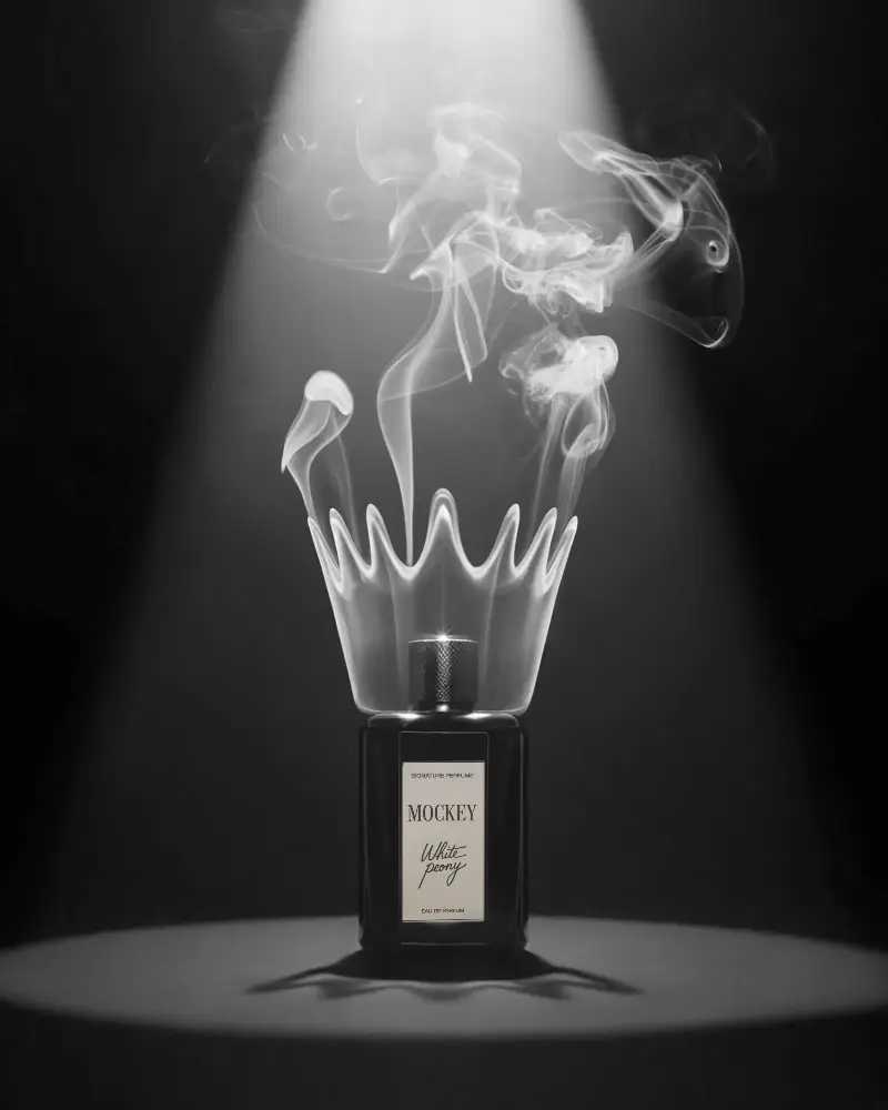 Luxury Crown Shaped Smoke Perfume Bottle Mockup Spotlight Dark Background Elegant Unique