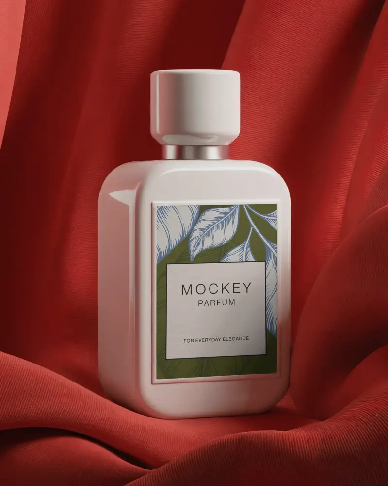 Clean Label Fragrance Bottle Mockup Highlighted On Soft Textured Fabric Background