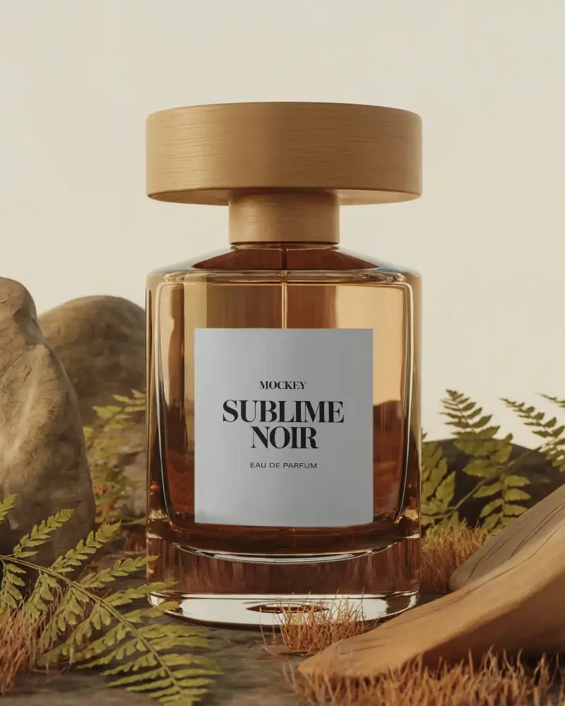 Premium Glass Perfume Bottle Mockup With Wood Texture Cap And Minimalist Label Design