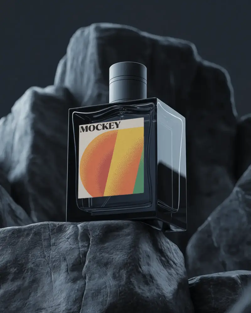 Premium Fragrance Bottle Mockup With Blank Label On Rough Stone Background Enhanced