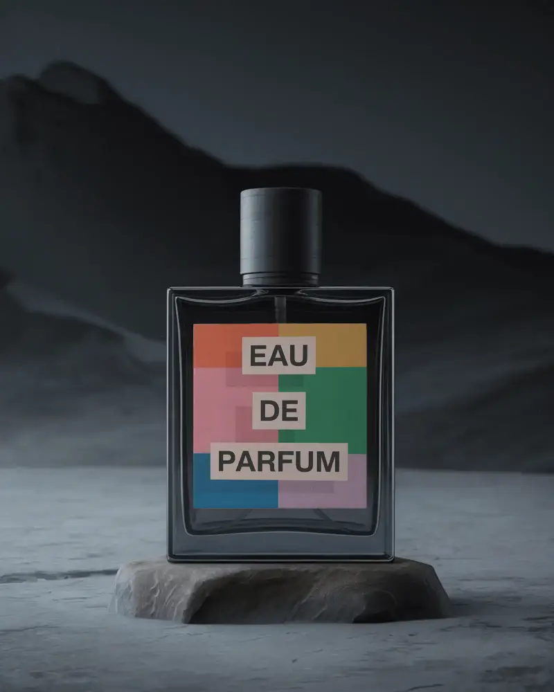 Mystery Elegant Perfume Bottle Mockup On Stone Platform In Dark Minimalist Setting