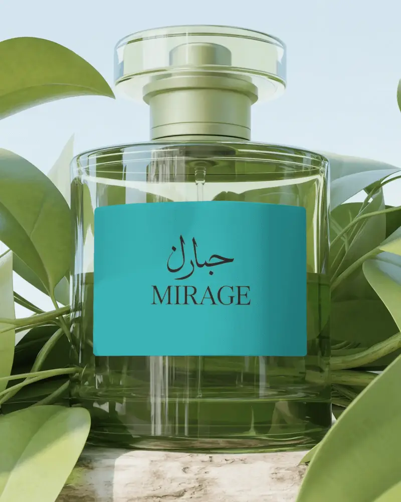 Luxury Glass Perfume Bottle Mockup Minimalistic Label Natural Leaves Background