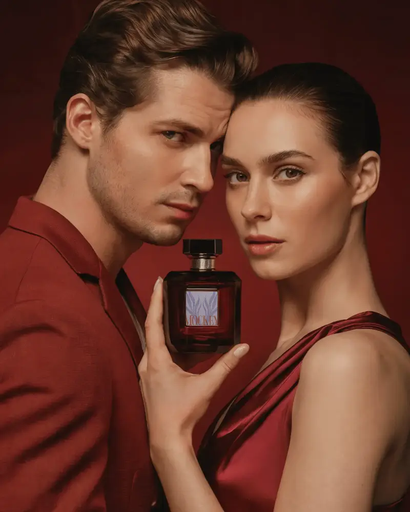 Elegant Couple Showcasing Luxury Perfume Bottle Mockup Premium Fragrance Brand Promotion