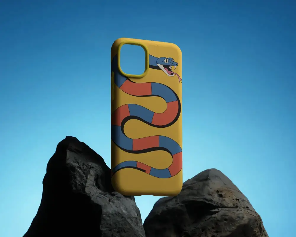 Premium Protective Phone Cover Mockup Showcased With Rocks Against Blue Gradient