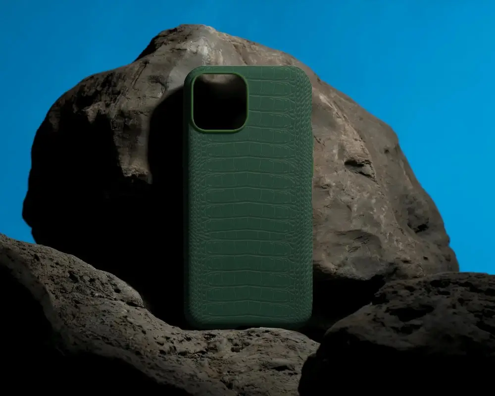 Realistic Smartphone Cover Mockup On Rock Texture With Simple Clean Design