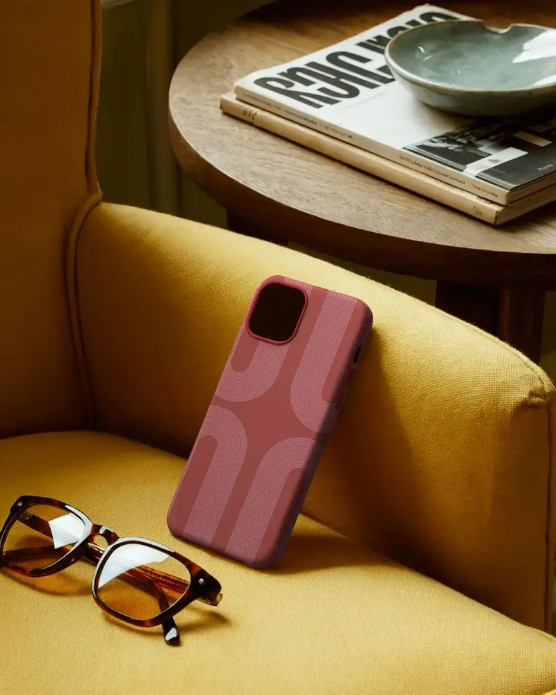 Phone Cover Design Mockup With Glasses And Magazine On Relaxed Seating Environment