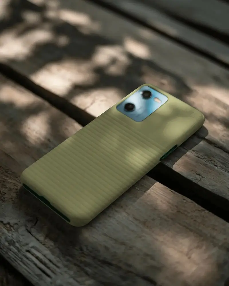 Realistic Phone Cover Mockup Laid On Rustic Wooden Surface In Natural Light