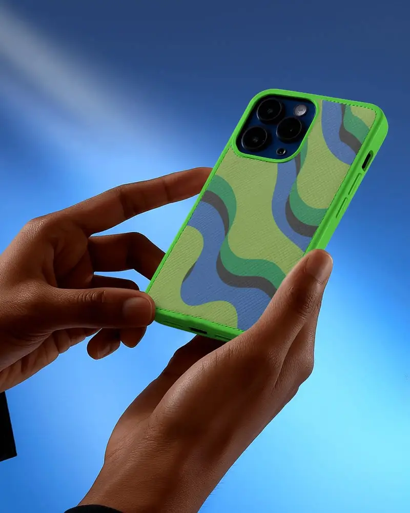 Hands Holding Phone Case Mockup Closeup Smartphone Cover Against Bright Blue Background Modern Look