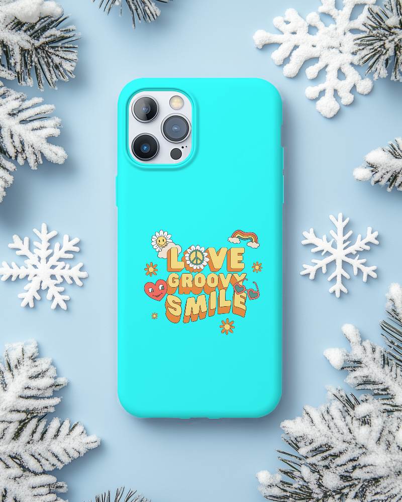Winter Themed Phone Case Mockup White Cover On Light Blue Background With Snowflakes And Frosted Pine Branches 085