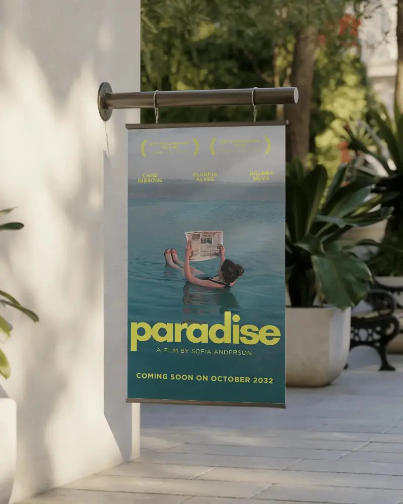 Modern Vertical Signboard Mockup In Exterior Courtyard Attached To Metal Bar With Natural Light