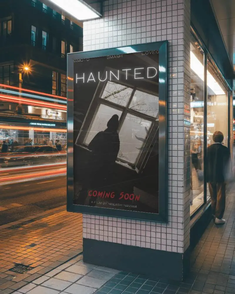 Illuminated Street Poster Mockup On Tiled Building Corner With Blurred Traffic Lights And Night Vibes