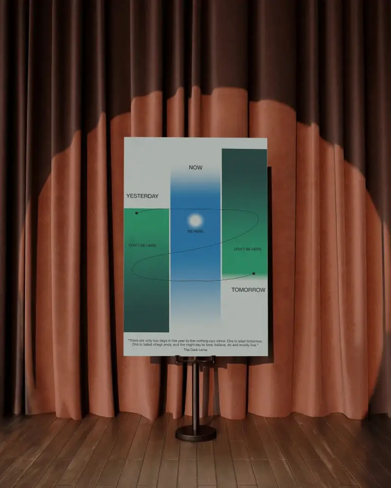 Elegant Studio Poster Mockup With Spotlight Draped Curtains And Wood Floor Background