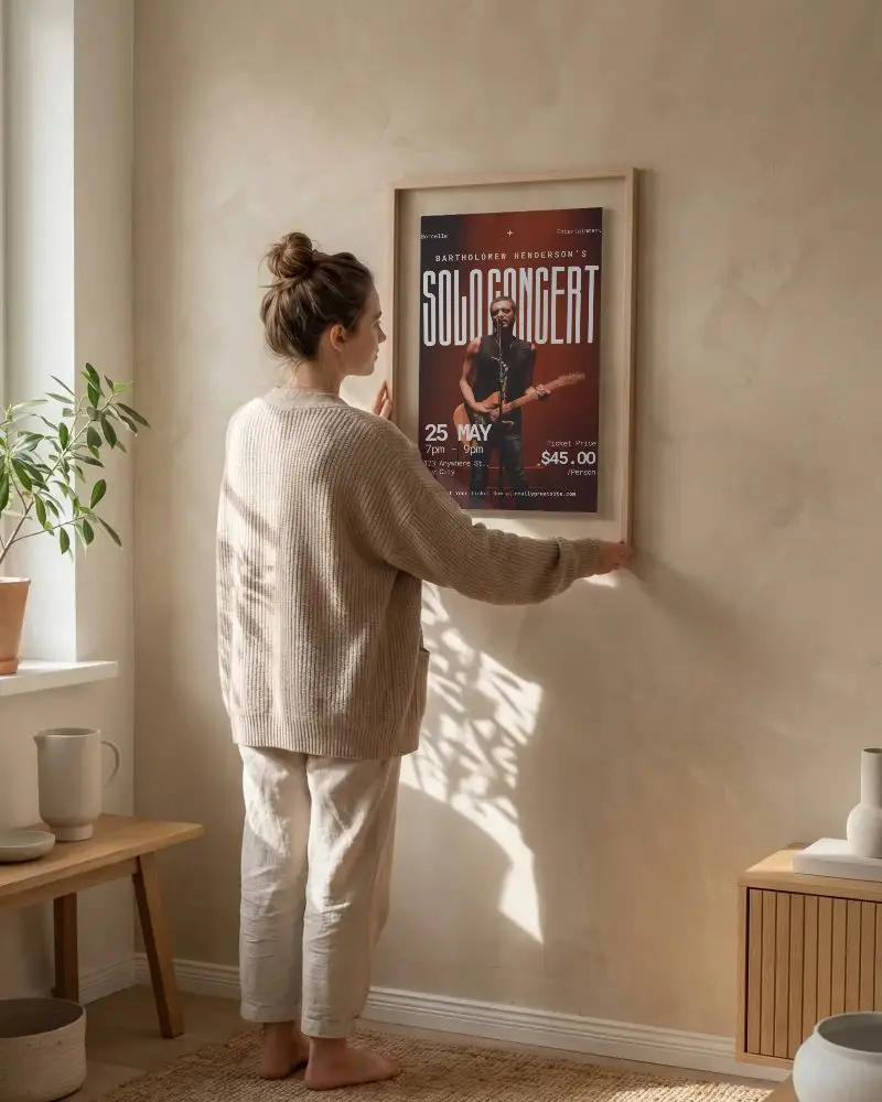 Woman Hanging Minimalist Poster Mockup In Cozy Modern Living Room With Natural Light