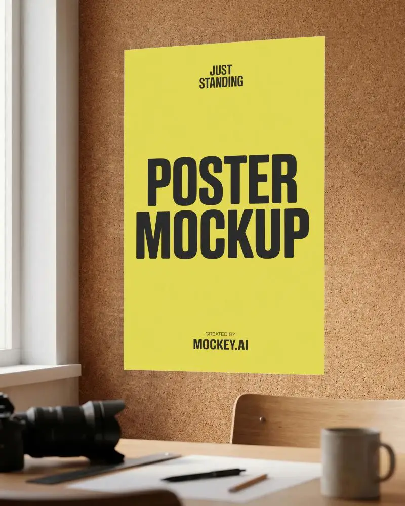 Clean Vertical Poster Template On Well Lit Corkboard Surface In Office Interior