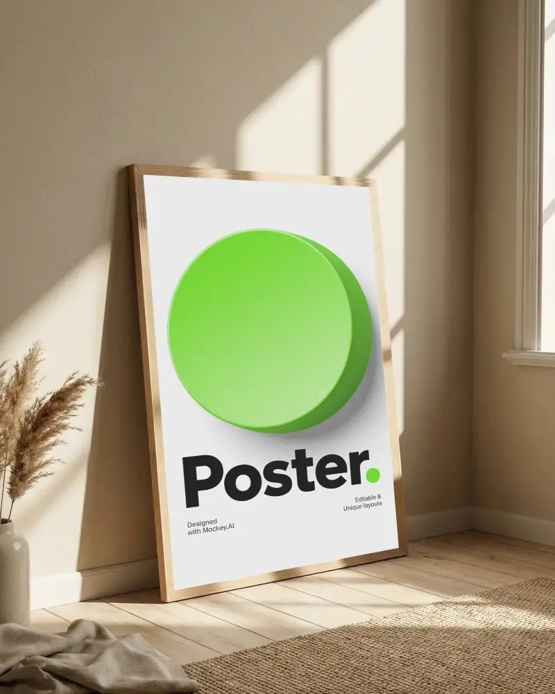 Minimalist Poster Mockup In Natural Light With Wooden Frame And Cozy Room Setting