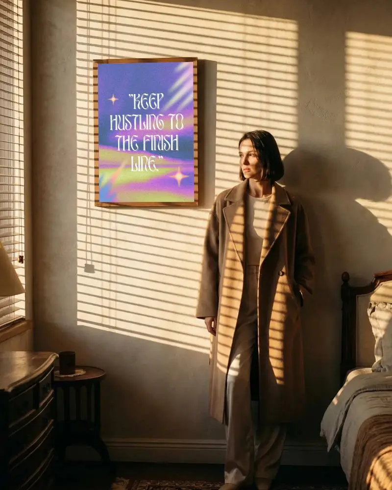 Modern Minimalist Poster Mockup In Ambient Light With Woman Standing By Window Blinds