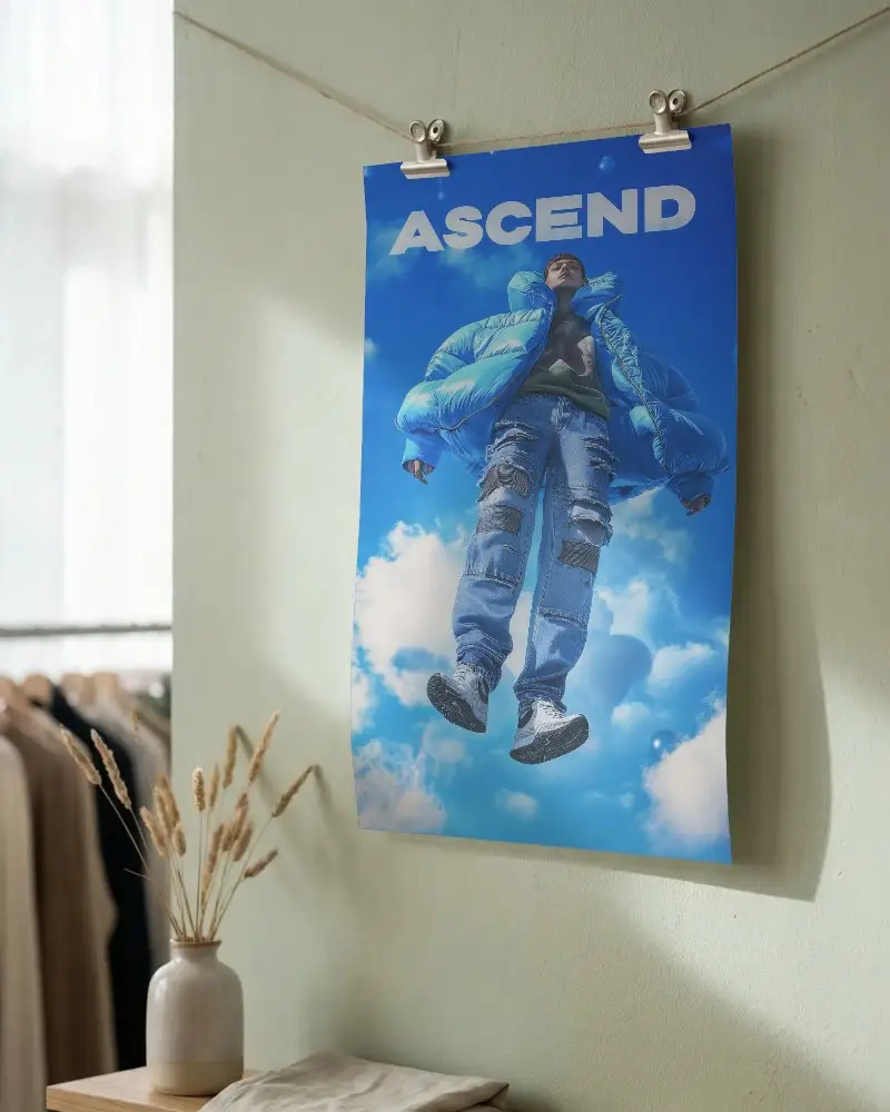 Modern Wall Poster Mockup With Metallic Clips Ambient Sunlight Shadow Play Background