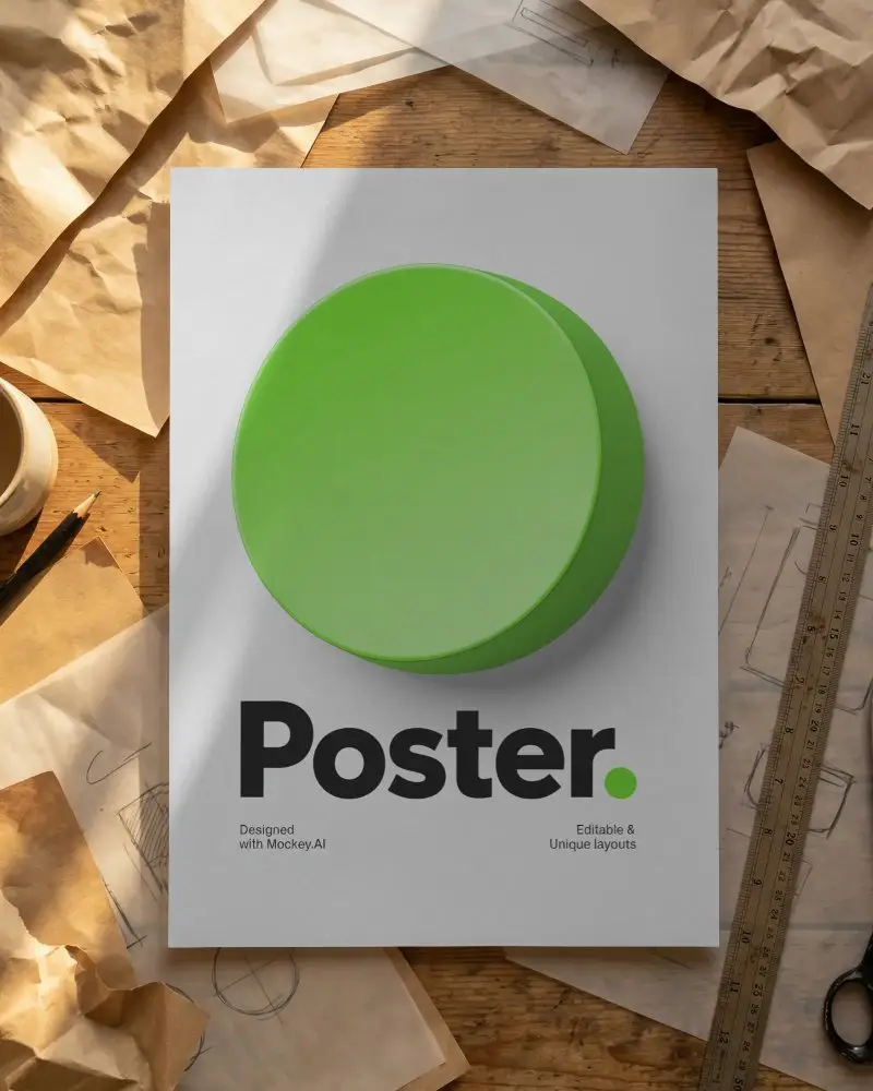 Minimalistic Poster Mockup On Textured Table With Design Tools And Drawing Papers