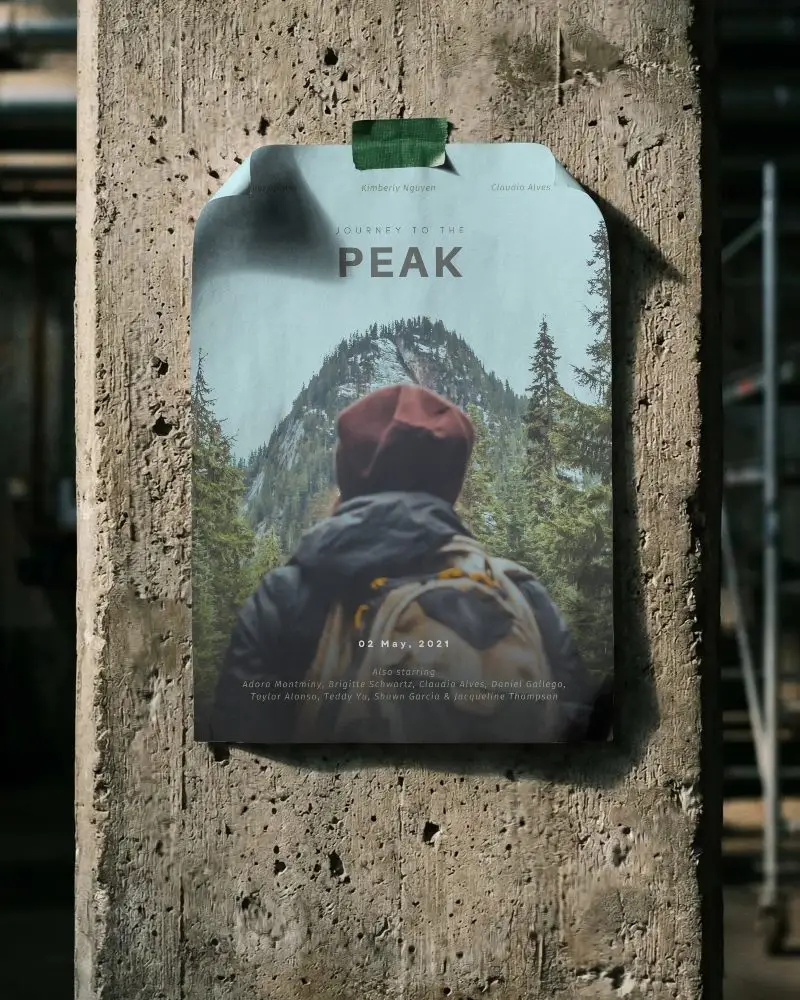 Vertical Paper Poster Mockup Taped To Rough Concrete Column With Shadow Play