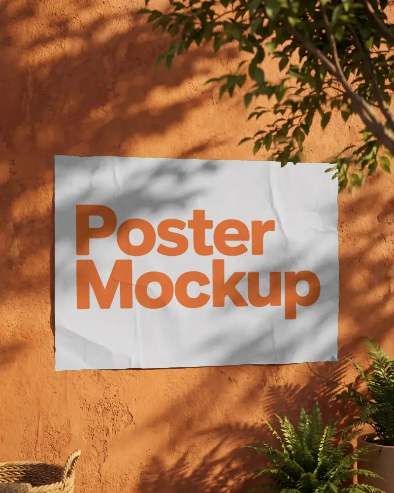 Outdoor Wall Poster Mockup With Natural Light And Plant Shadows For Design Presentation