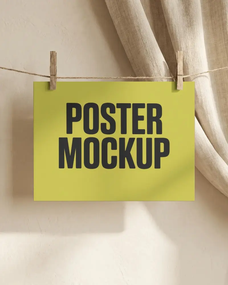 Minimalist Poster Mockup Hanging On Clothesline With Soft Shadow Background