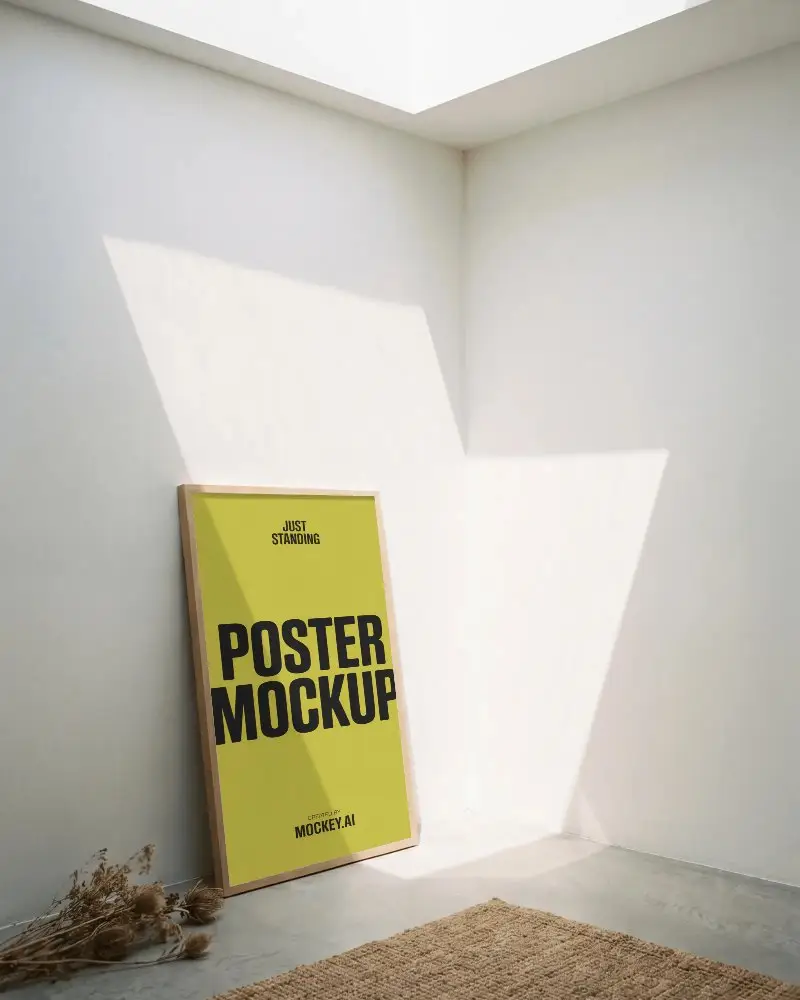 Minimalist Poster Mockup Leaning Against Wall In Well Lit Modern Room For Creative Display