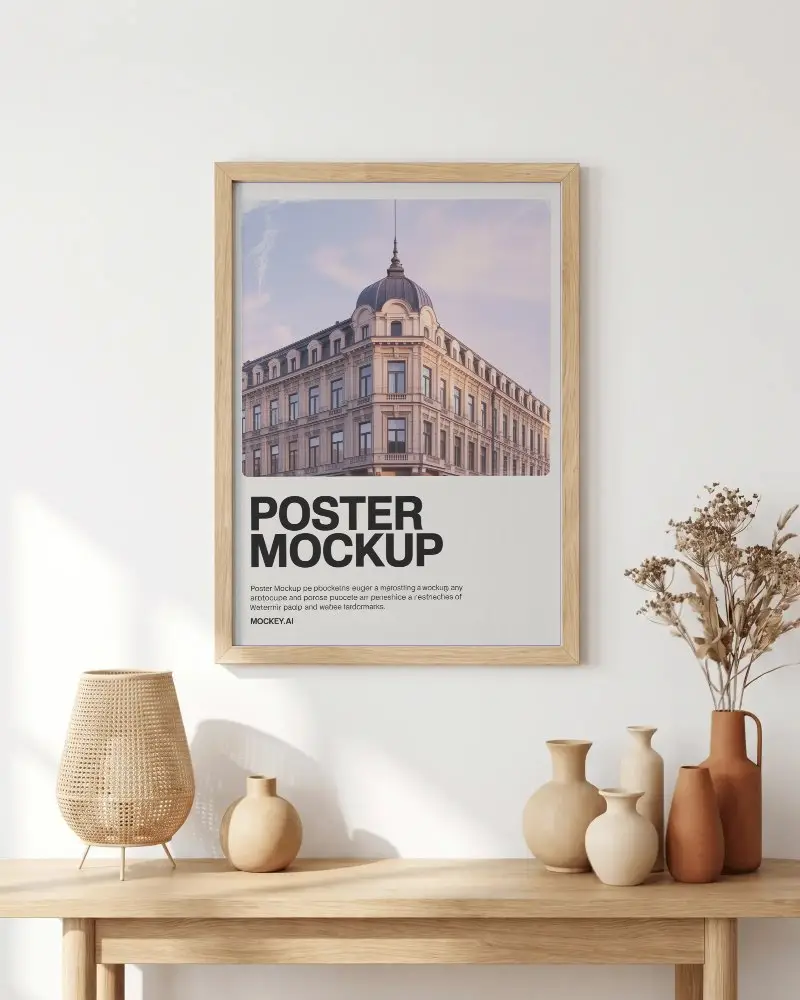 Minimalist Wooden Frame Poster Mockup On Plain Wall With Simple Decorative Vases And Lamp