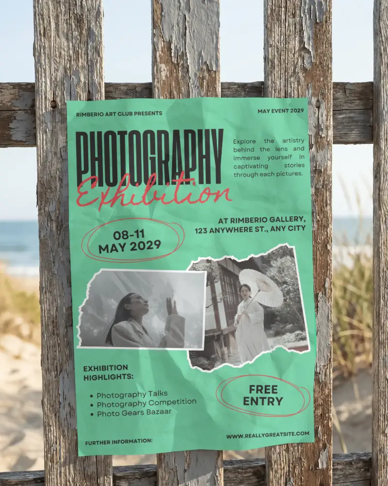 Wrinkled Paper Poster Mockup On Weathered Wooden Fence With Outdoor Beach Background