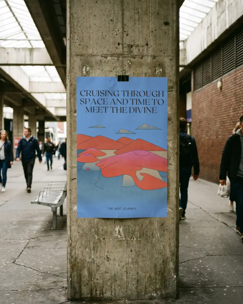 Urban Poster Mockup On Concrete Pillar In City Walkway With Pedestrians Passing By