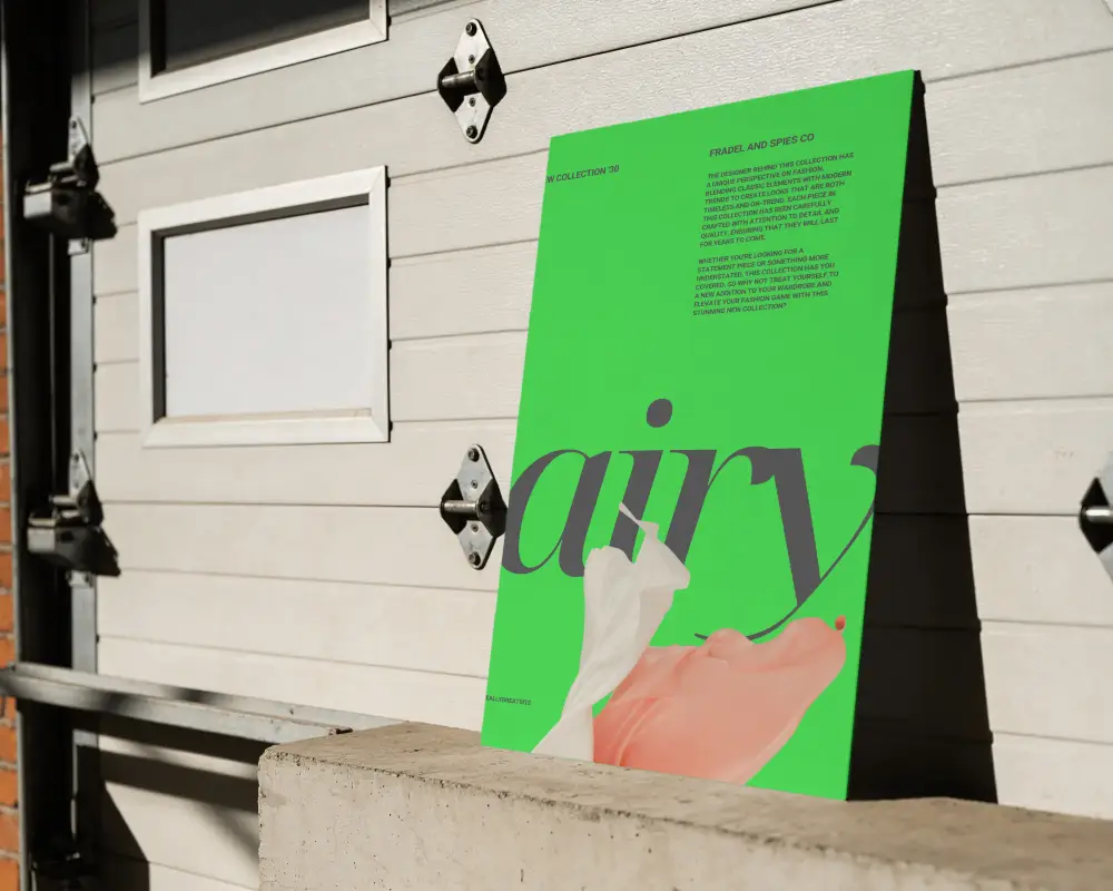 Blank Vertical Poster Mockup Leaning On Concrete Platform In Front Of Garage Panel
