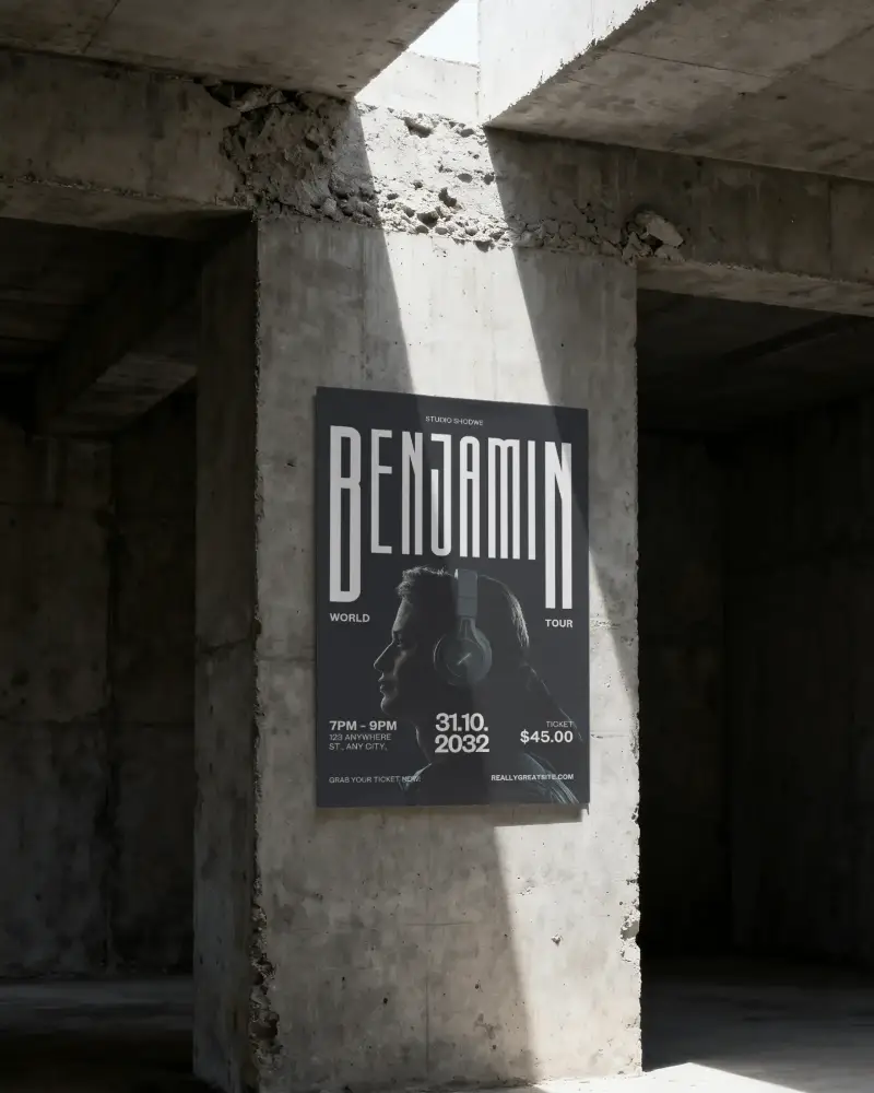 Urban Industrial Poster Mockup On Concrete Column With Sunlight Shadow Play