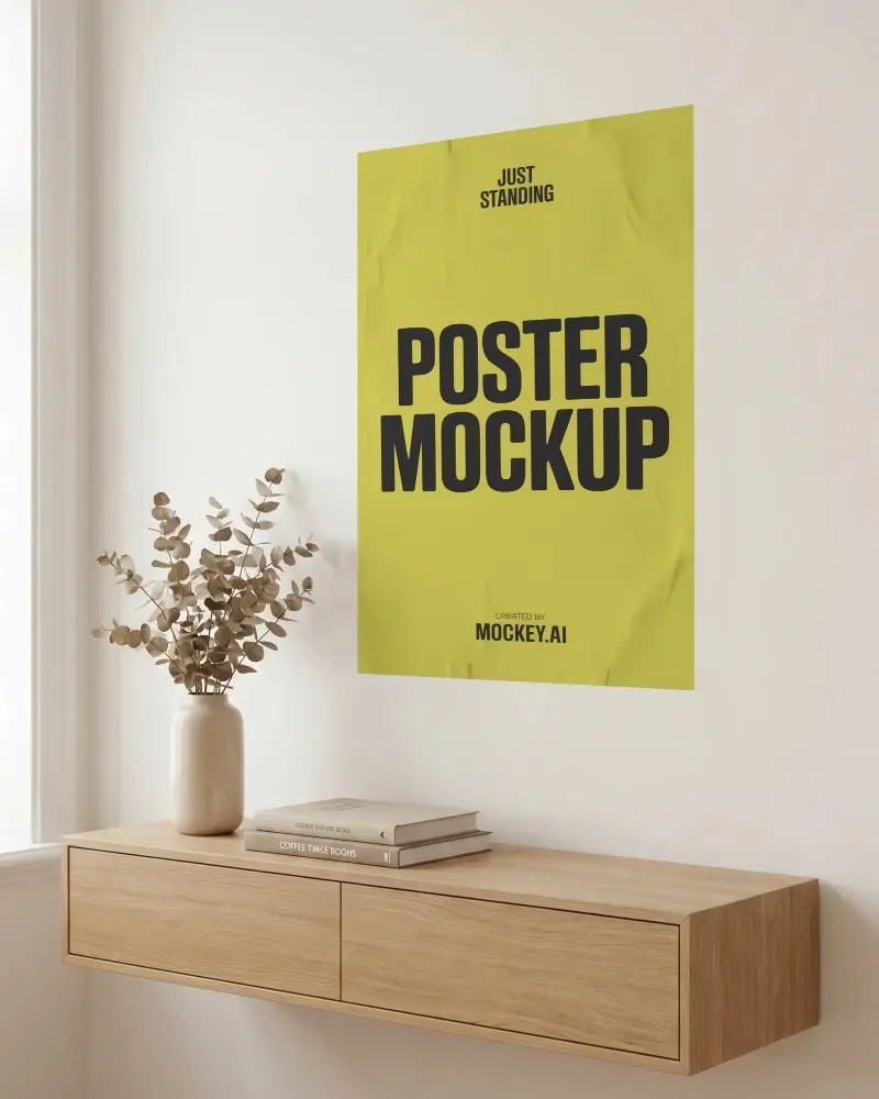 Minimalist Poster Mockup On Modern Wall With Floating Wooden Drawer And Decor