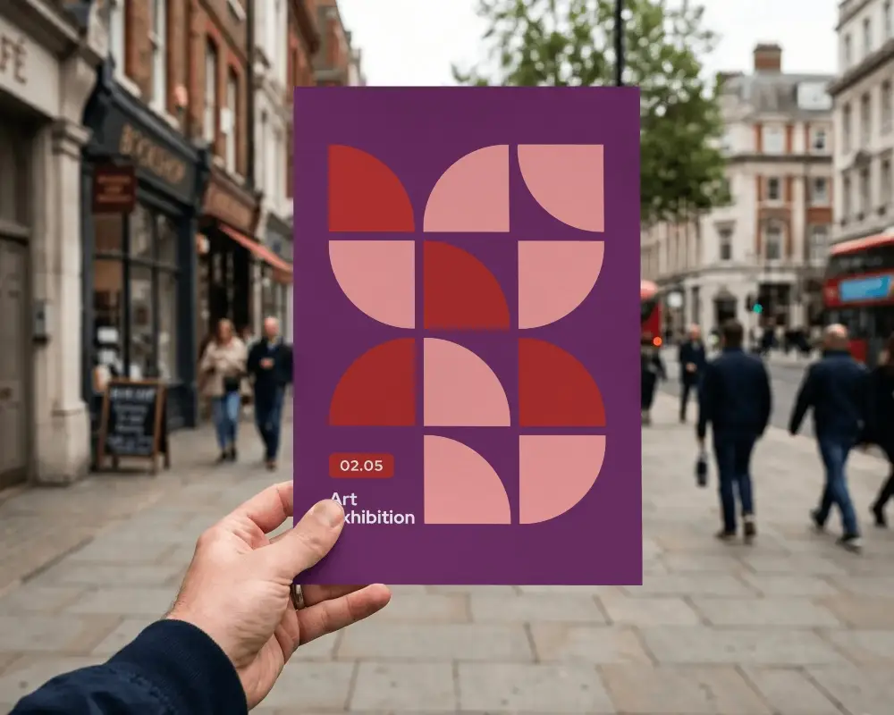 Hand Holding Poster Mockup On Busy City Sidewalk For Street Advertising
