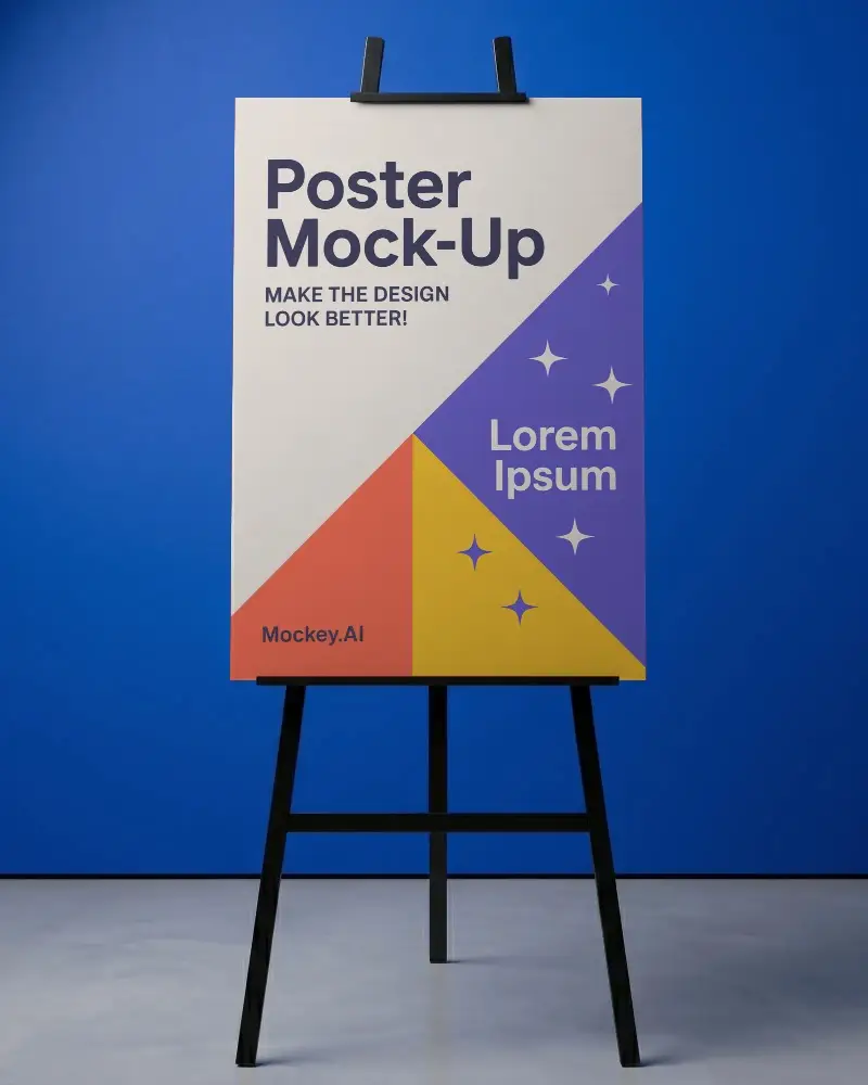 Vertical Poster Mockup Displayed On Modern Easel For Art Exhibition Or Promotion Use