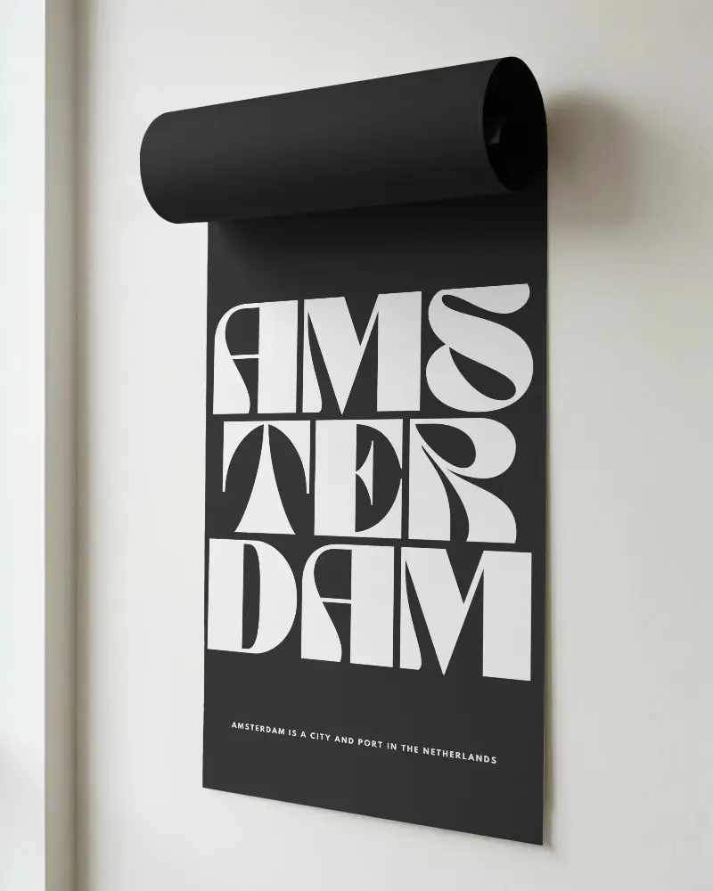 High Resolution Rolled Paper Poster Mockup Hanging On Smooth Wall Background