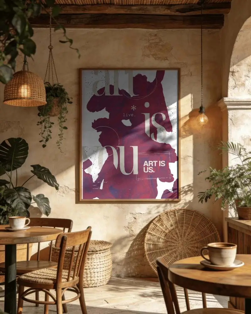 Rustic Cafe Interior Poster Mockup With Natural Light And Cozy Wooden Furniture Design