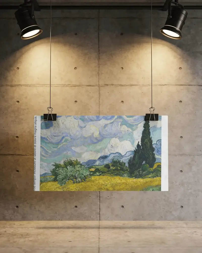 Hanging Poster Mockup With Industrial Wall Background And Dual Spotlight Illumination